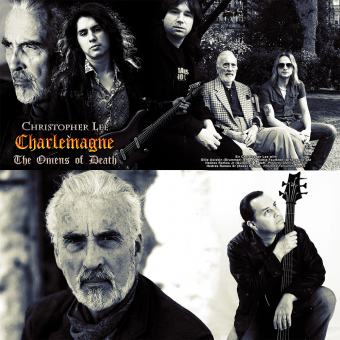 Charlemagne - The Omens of Death: Sir Christopher Lee zusammen mit Gitarrist Hedras Ramos Jr. (l.), Bassist Hedras Ramos Sr.(u.), Schlagzeuger Ollie Usiskin (m.) und Arrangeur Richie Faulkner (o.r.).